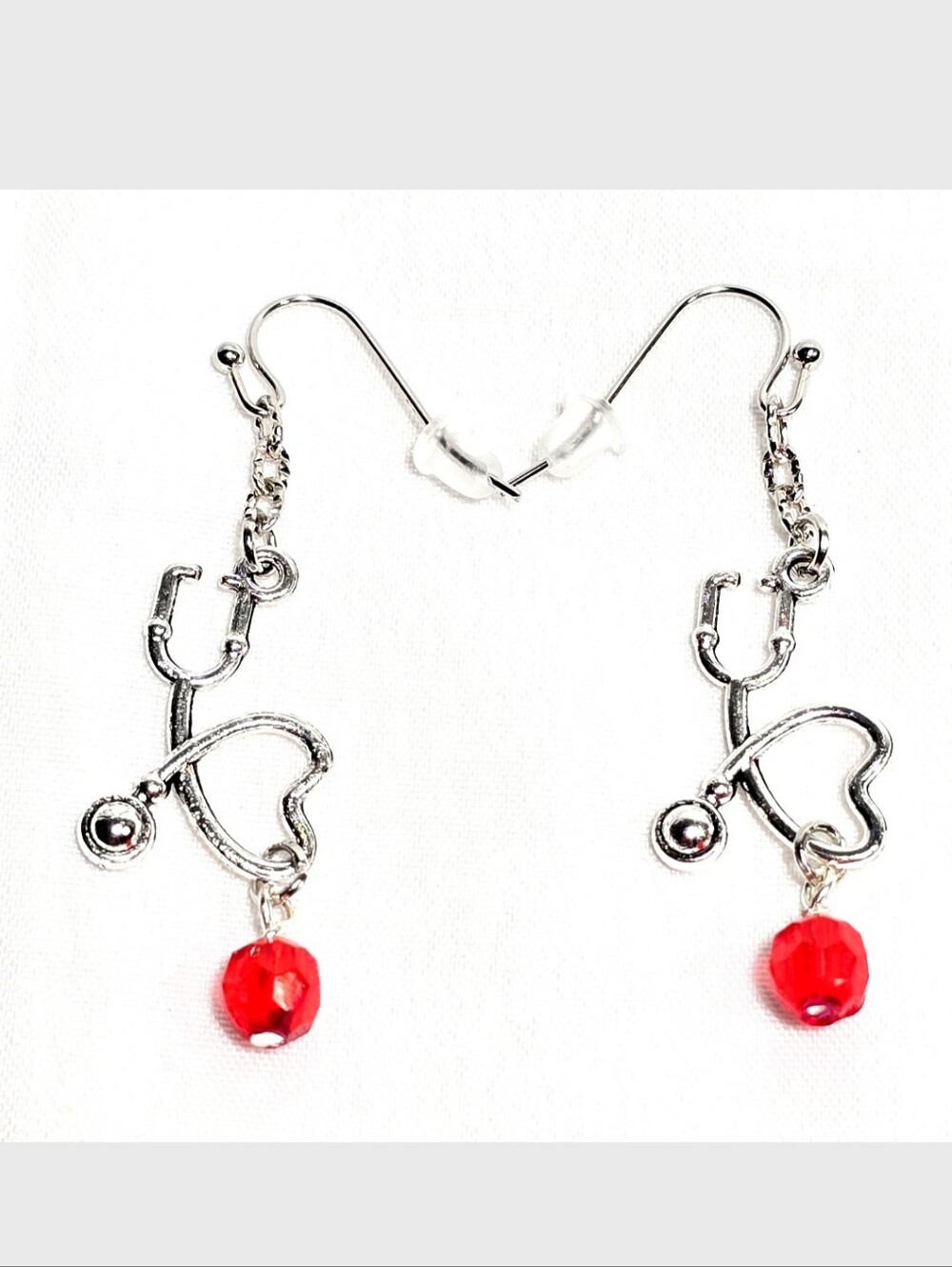 Silver Stethoscope Heart Drop Earrings with Red Bead